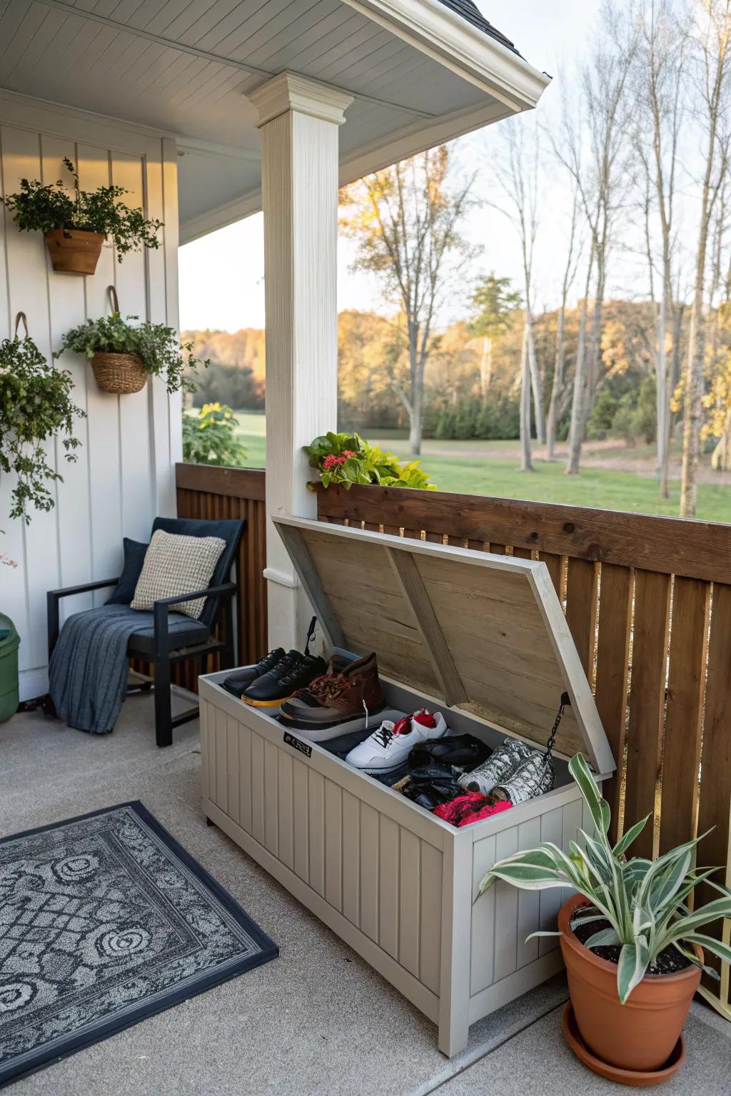 Functional and cozy—storage benches are perfect for small porches.