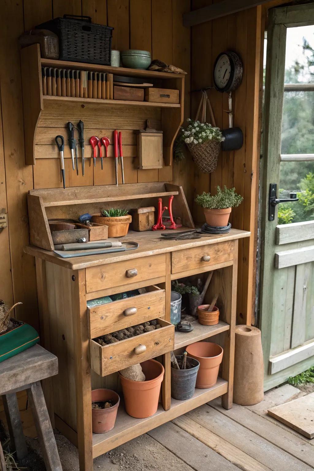 A compact workbench offers both workspace and storage.