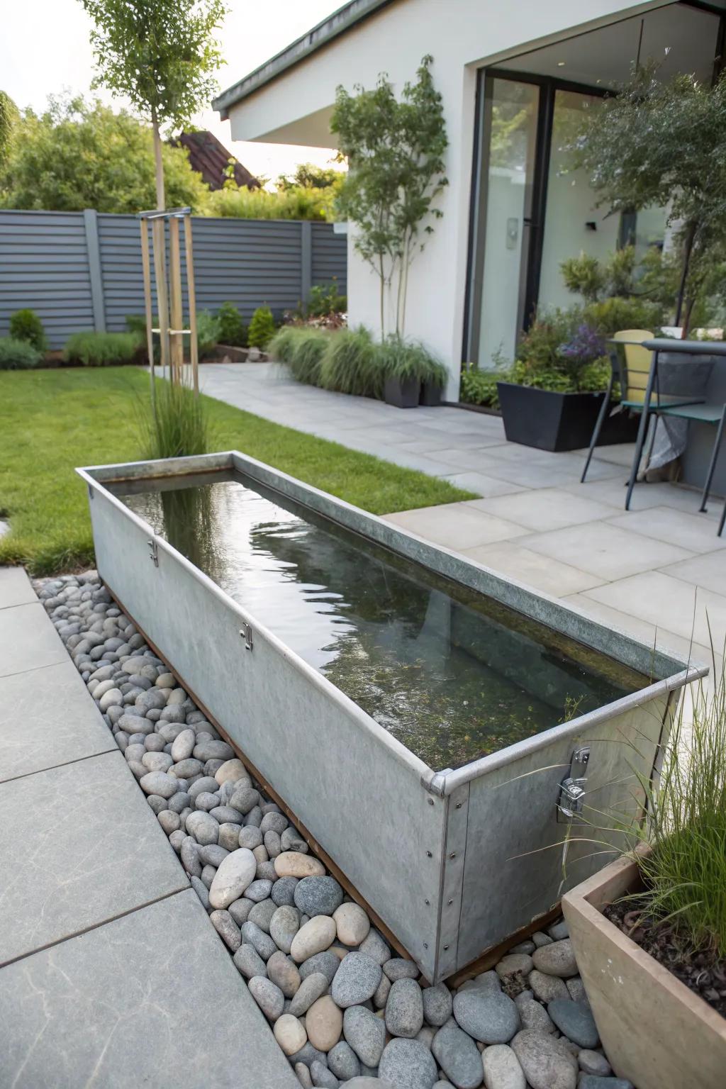 A sleek metal trough pond complements a chic garden.