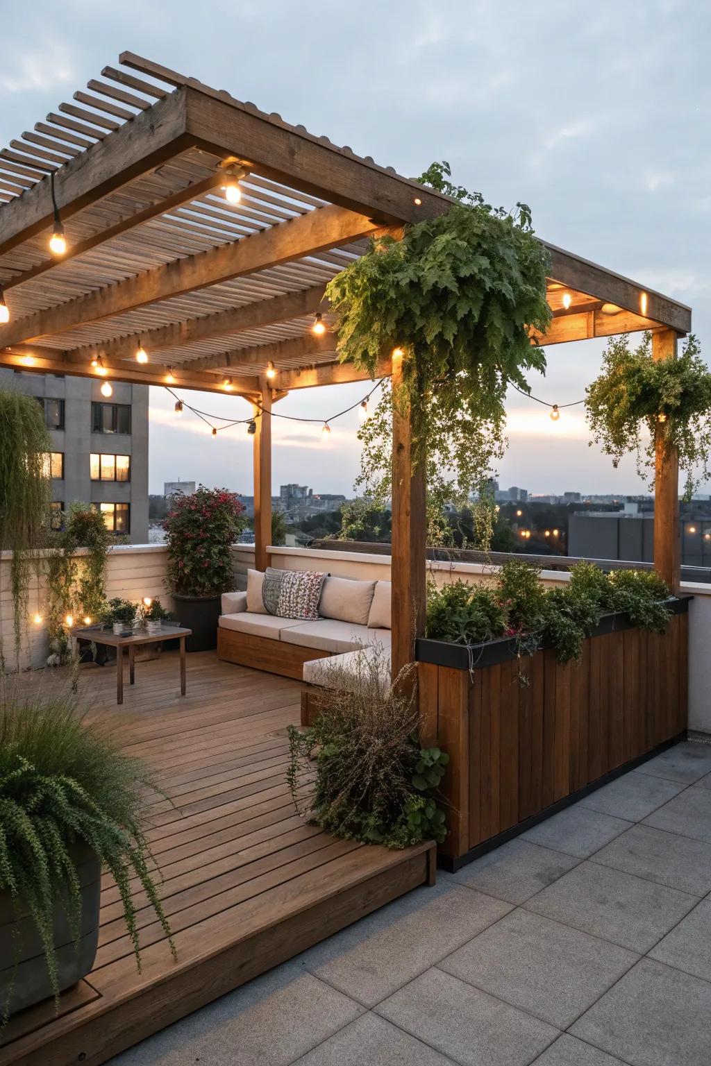 A pergola adds both style and comfort to your rooftop space.