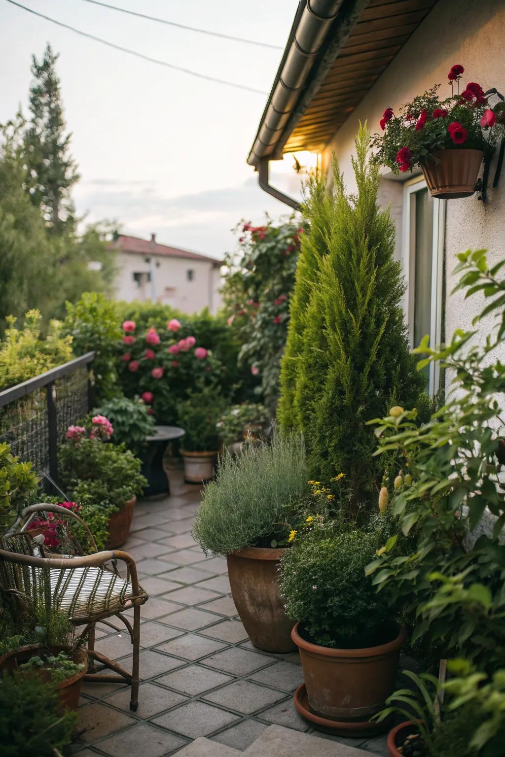 Lush greenery and potted plants adding life to a small patio.