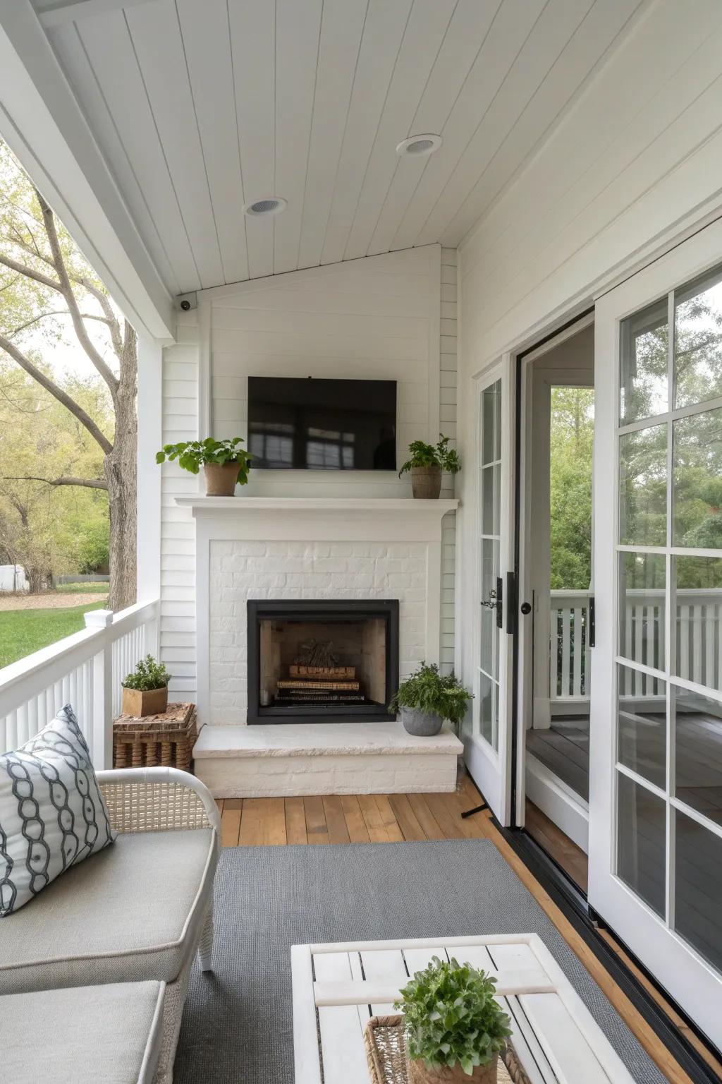 A modern minimalist fireplace perfects this airy screened-in porch.