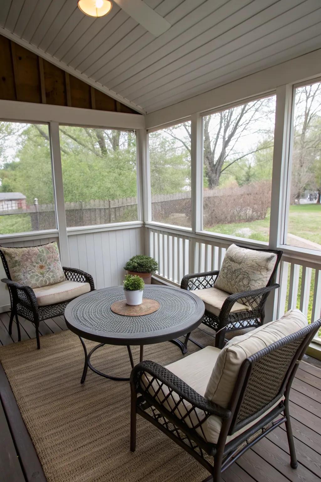 A round coffee table creates a central gathering point on a small porch.