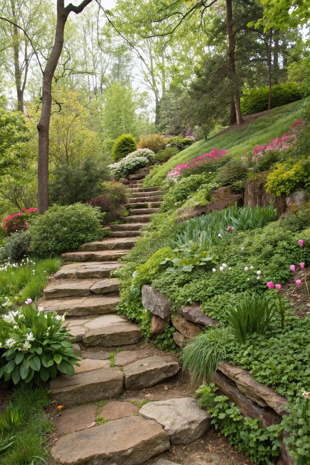 Elegant stone steps create a natural flow in the garden.