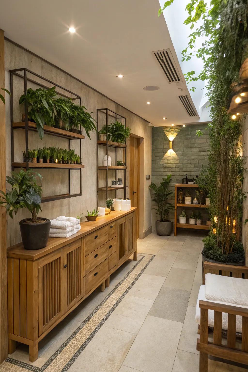Wooden accents and potted plants bring a natural touch to the reception.