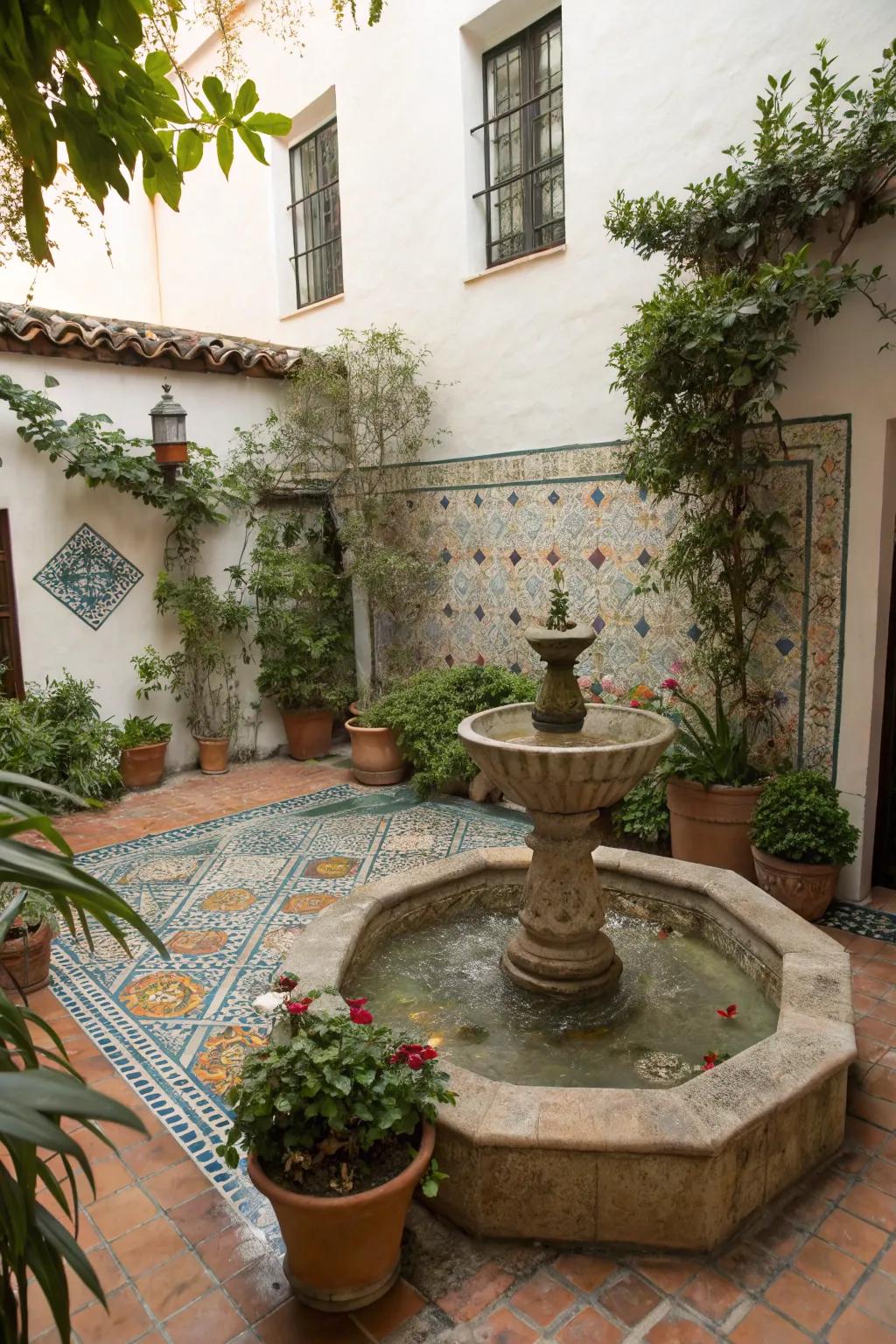 A central fountain brings sound and movement to your courtyard.
