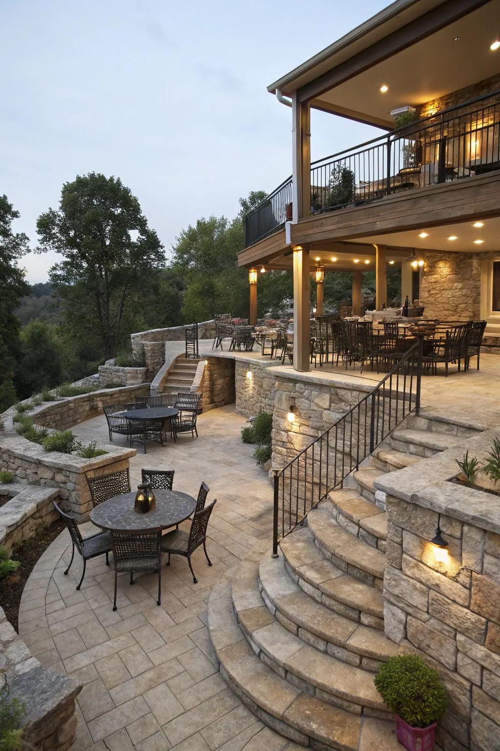 A multi-level stone patio with distinct areas for dining and relaxing.