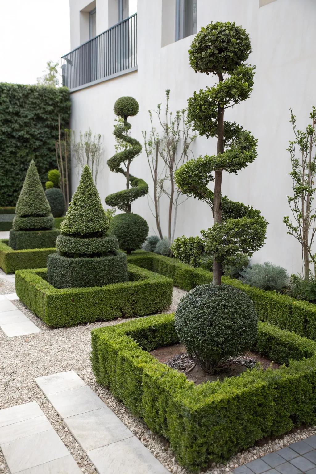 Modern geometric topiary shapes in a small garden.