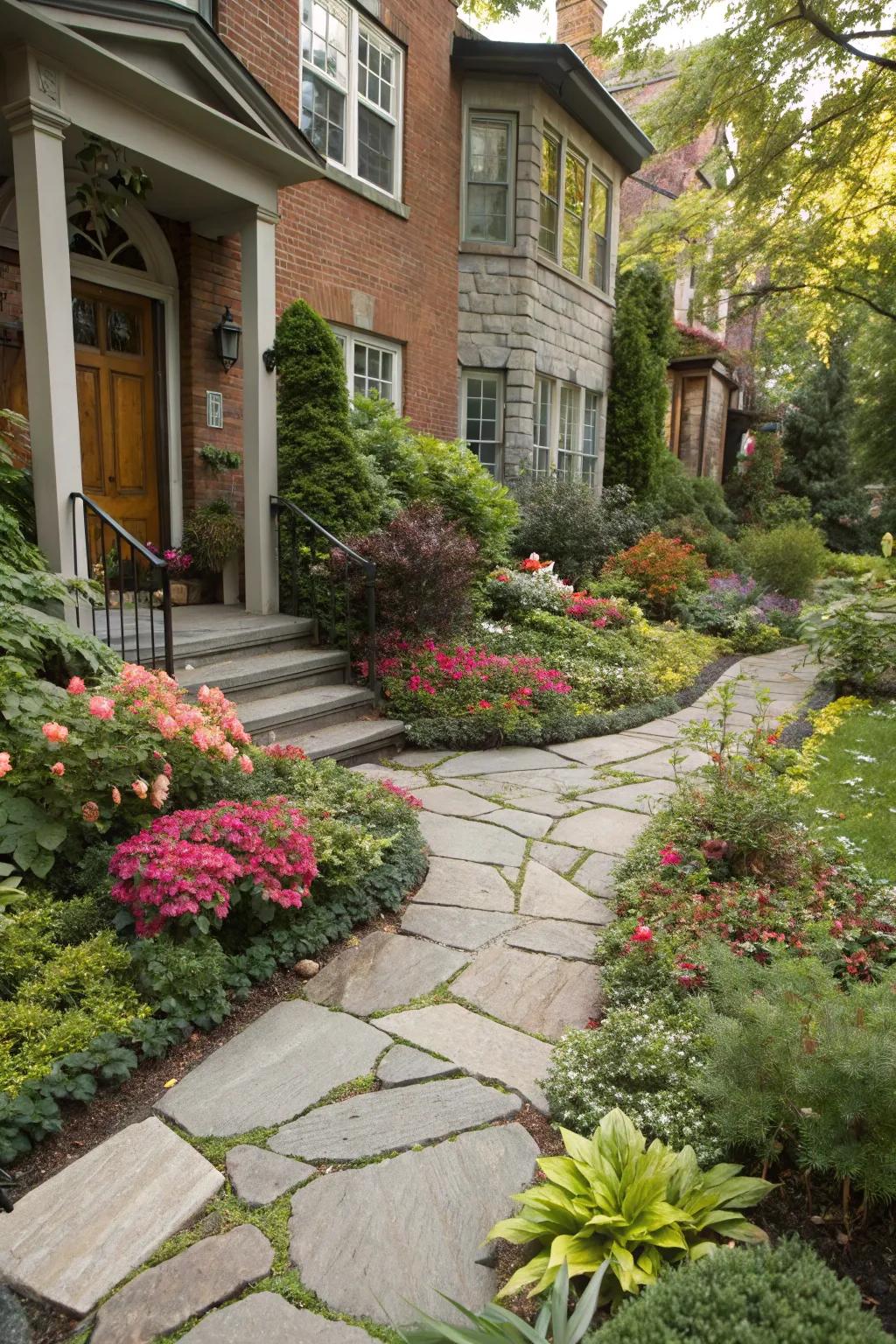 A captivating stone pathway in a townhouse front garden, lined with colorful plants.
