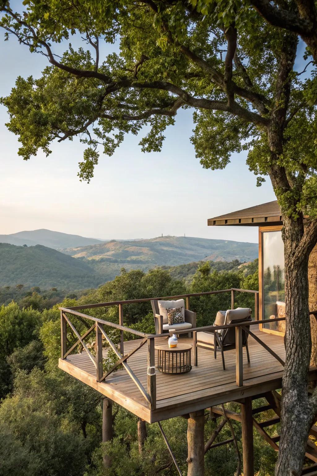 An elevated tree house platform with a seating area, perfect for enjoying panoramic views.