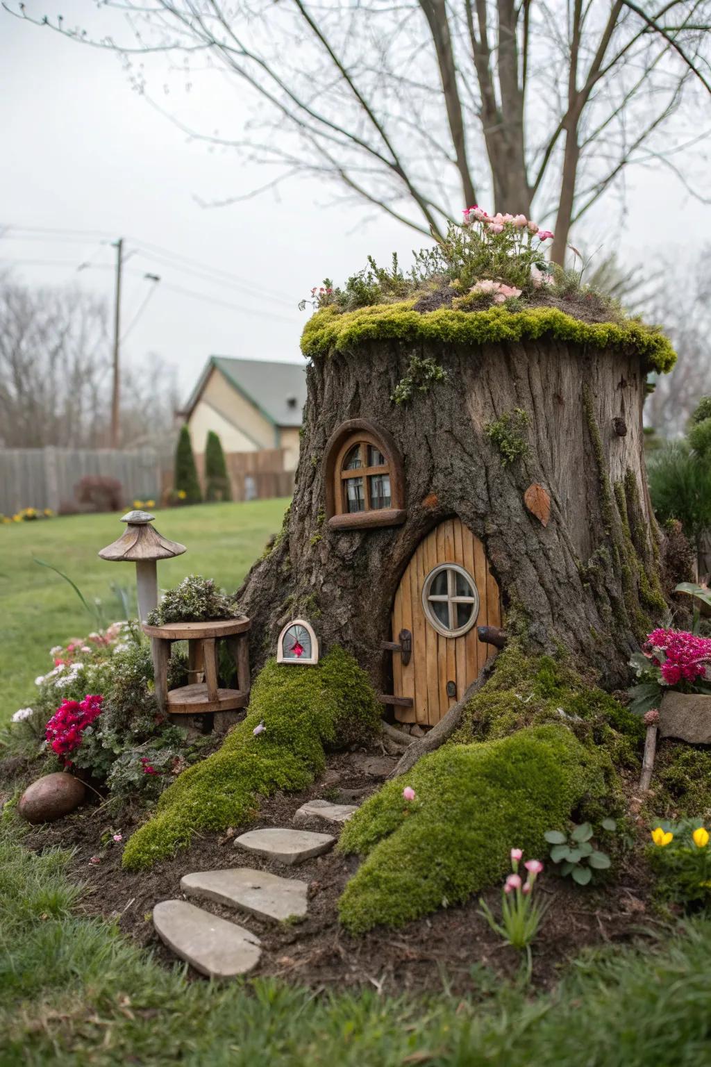 A whimsical gnome home crafted from a small tree stump.