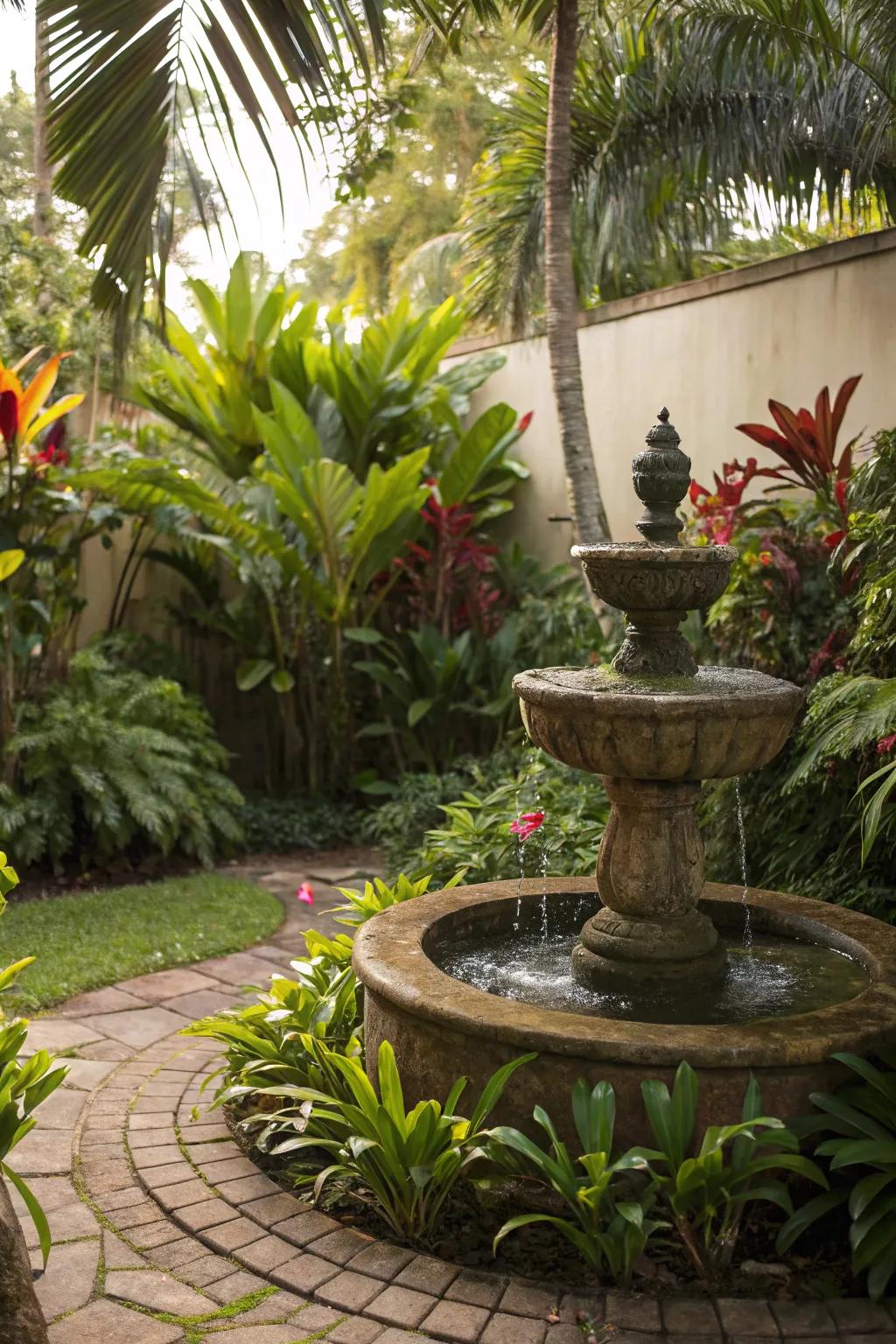 A small fountain adds tranquility to your tropical garden.