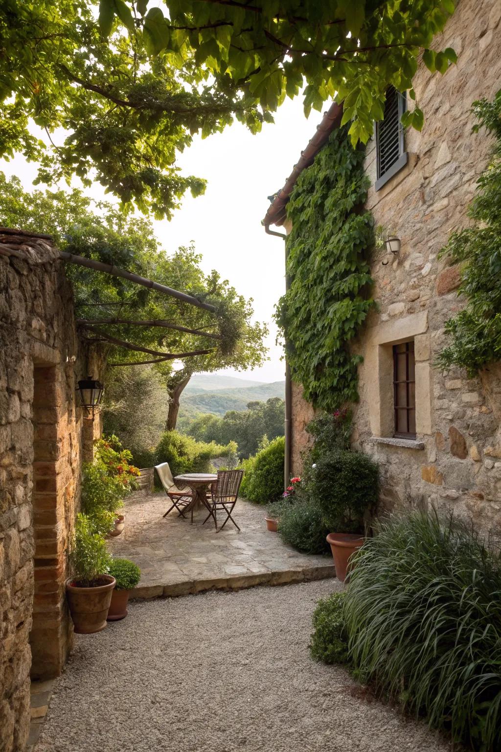 Stone walls and gravel paths define this cozy Tuscan patio.