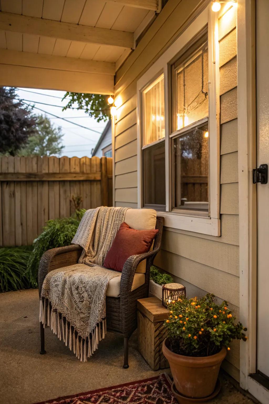 Compact seating with cushions adds comfort to your porch.
