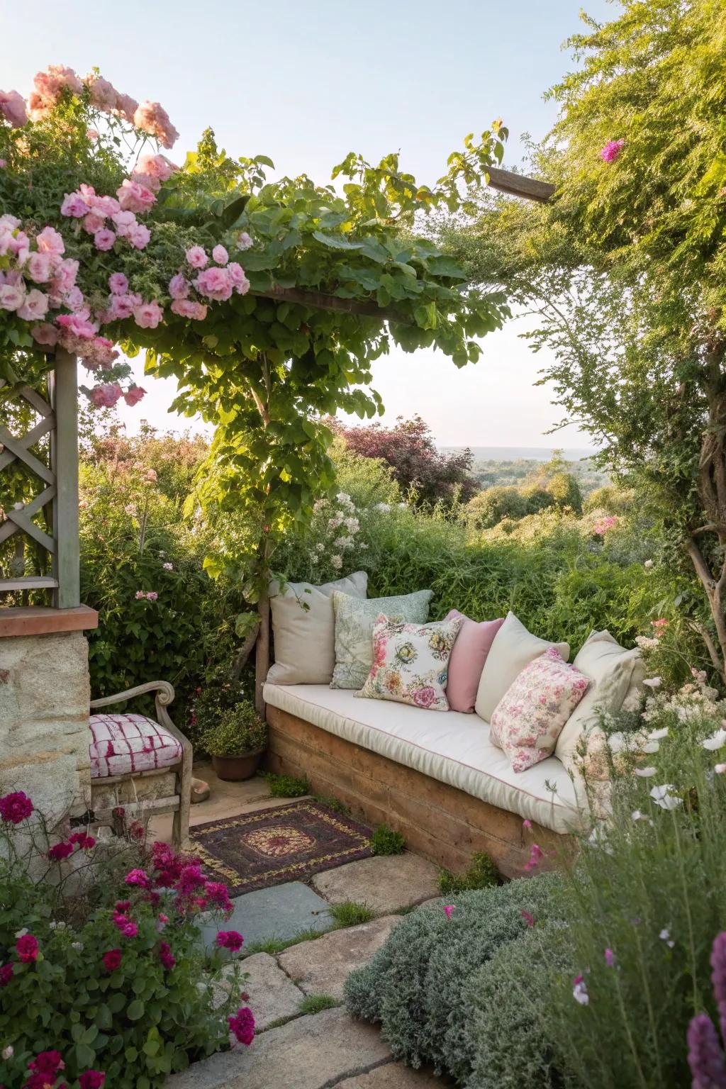 A cozy seating nook in a small garden, ideal for relaxation