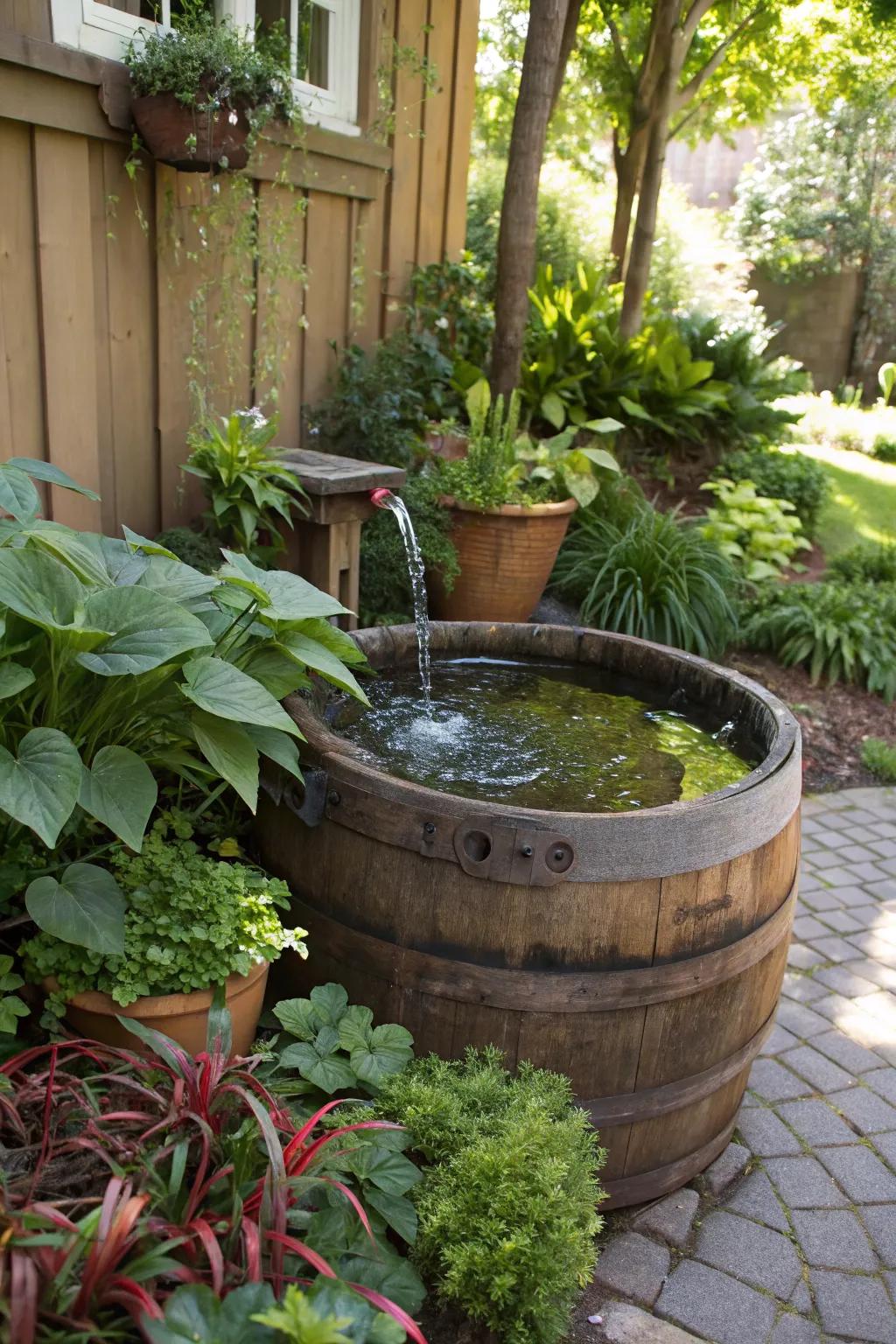 A rustic barrel fountain brings a touch of countryside charm.