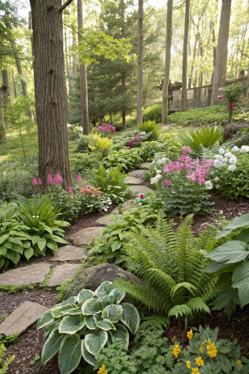 A vibrant mix of ferns, hostas, and flowers creates a lush garden tapestry.
