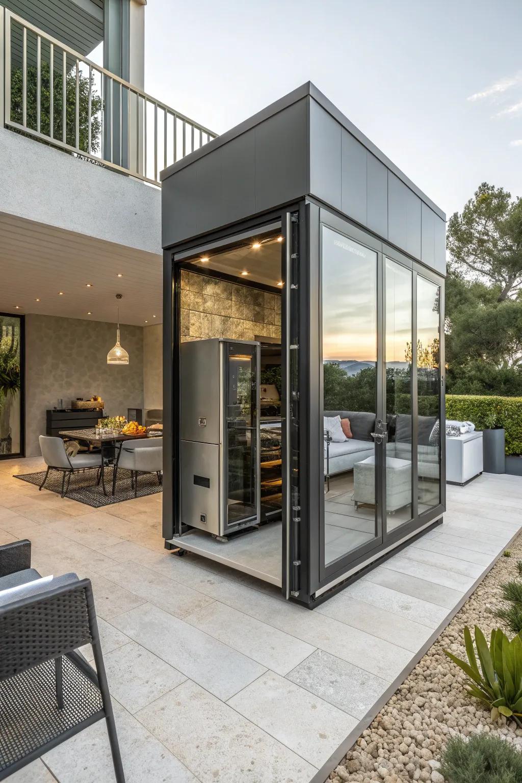 A modern minimalist smoker shack adding elegance to the patio.