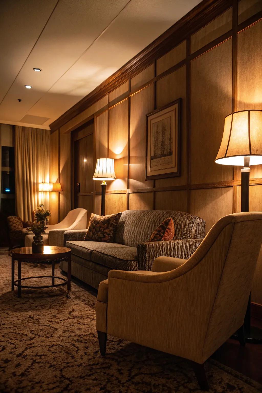 A dimly lit smoking lounge with inviting warm lighting.