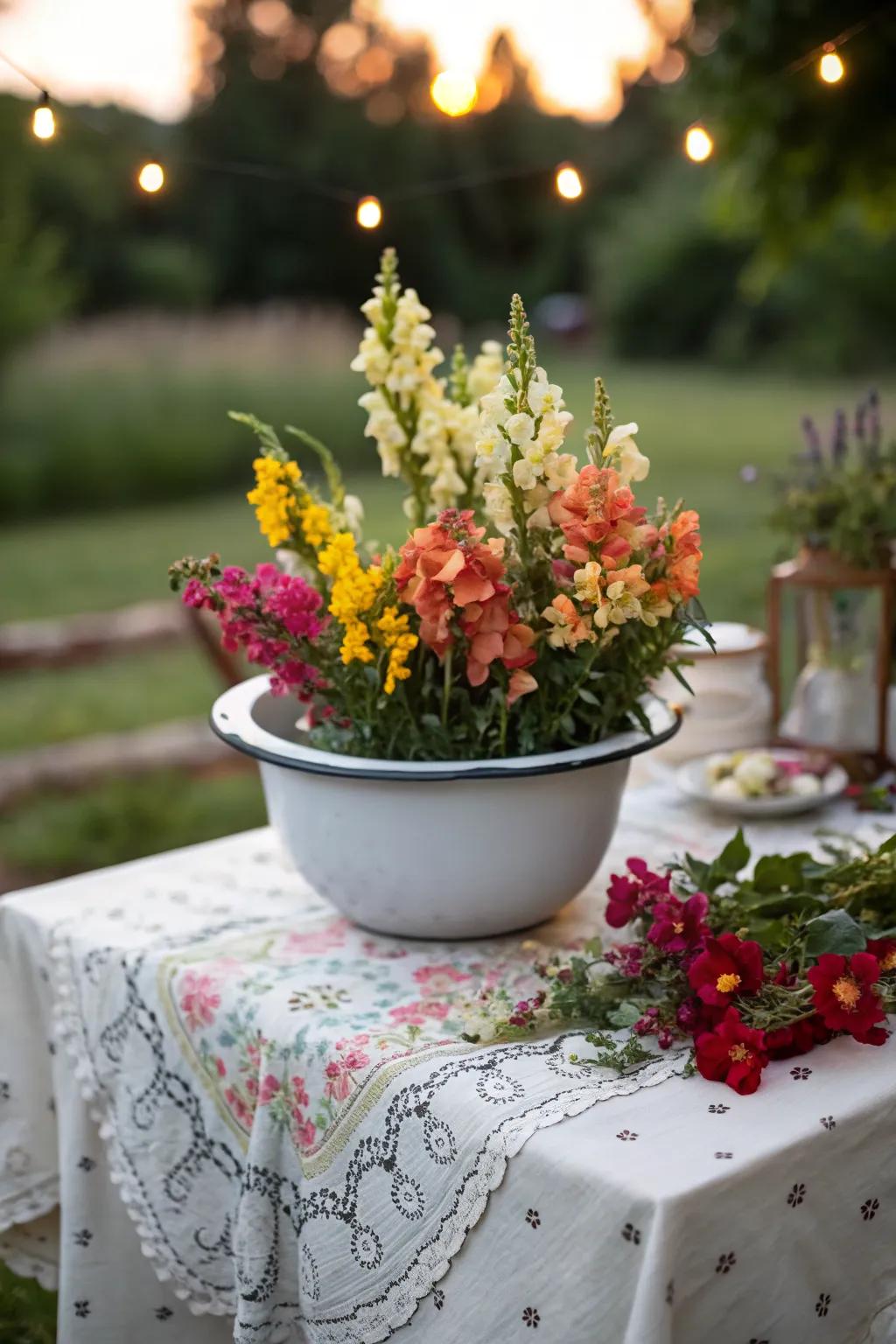 Vintage enamel bowl brimming with snapdragons, perfect for a quaint garden setting.