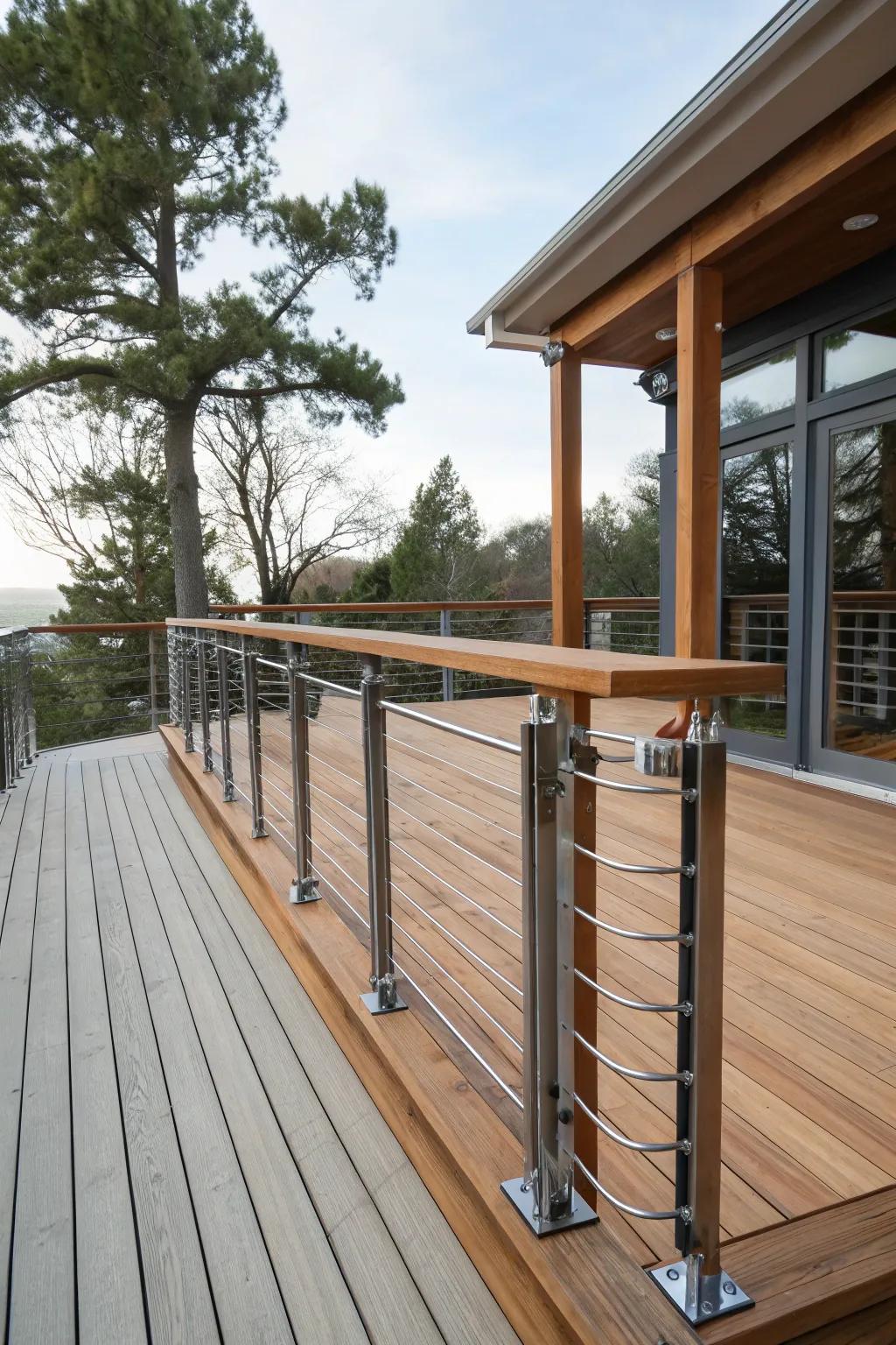 Wooden railings with metal accents, providing a modern and durable touch.