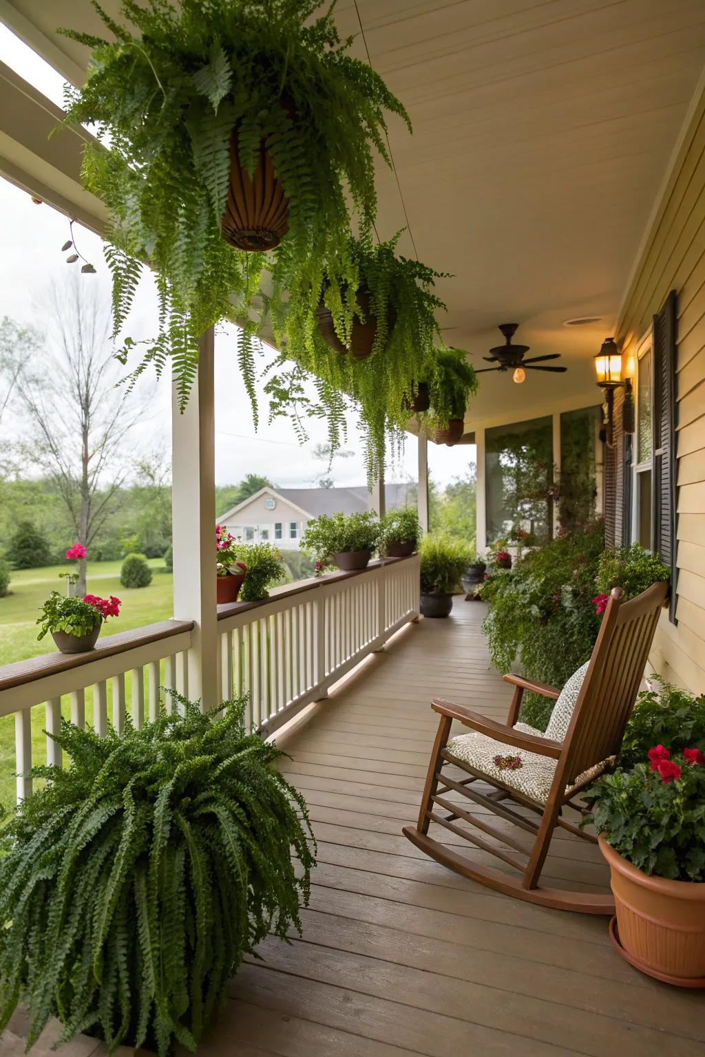Lush greenery brings vibrancy to the porch.