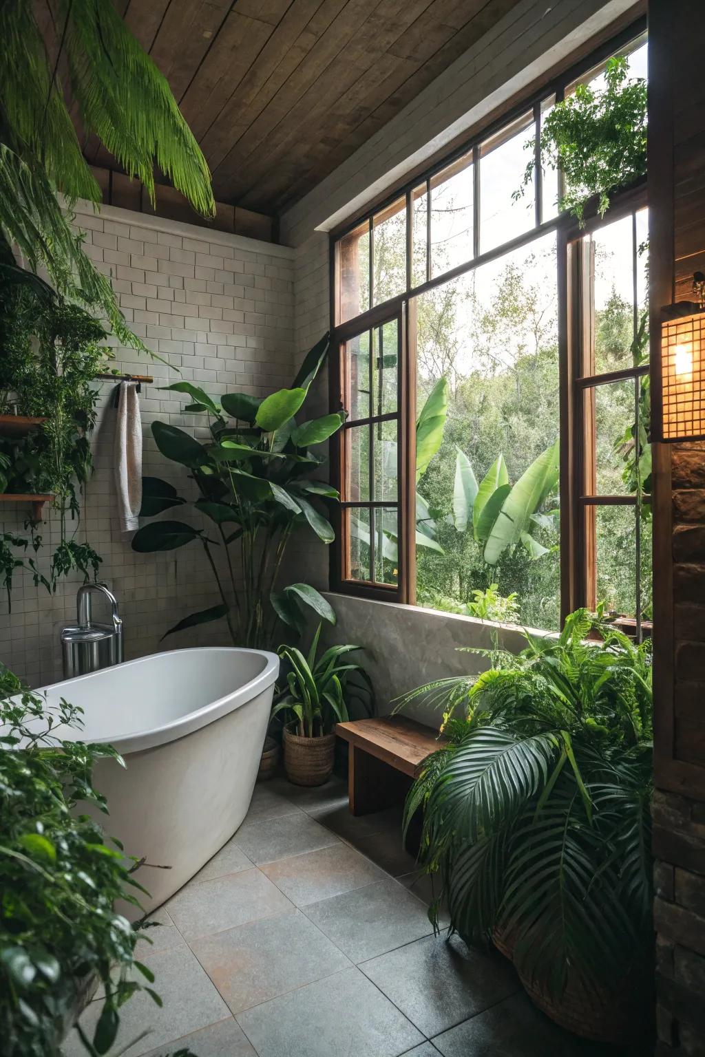 Lush greenery can transform your bathroom into a tranquil haven.