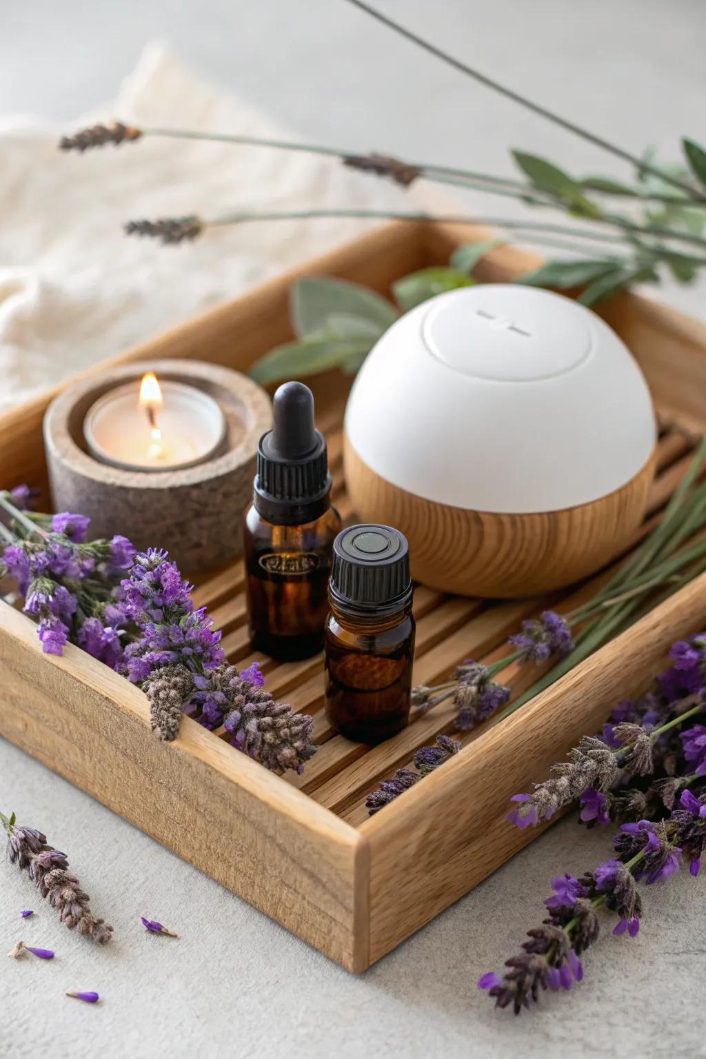 Essential oils and a diffuser create a soothing aromatherapy oasis.