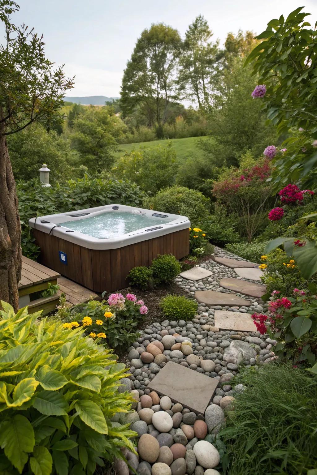 Natural elements like plants and stones create a serene spa setting.