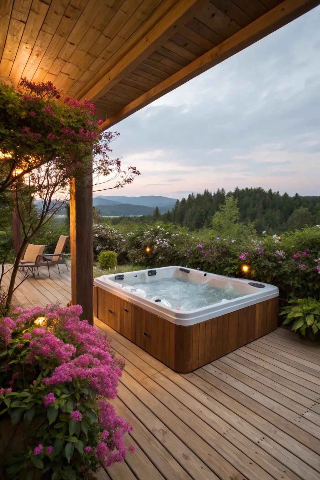 A wooden deck enhances the natural spa setting.