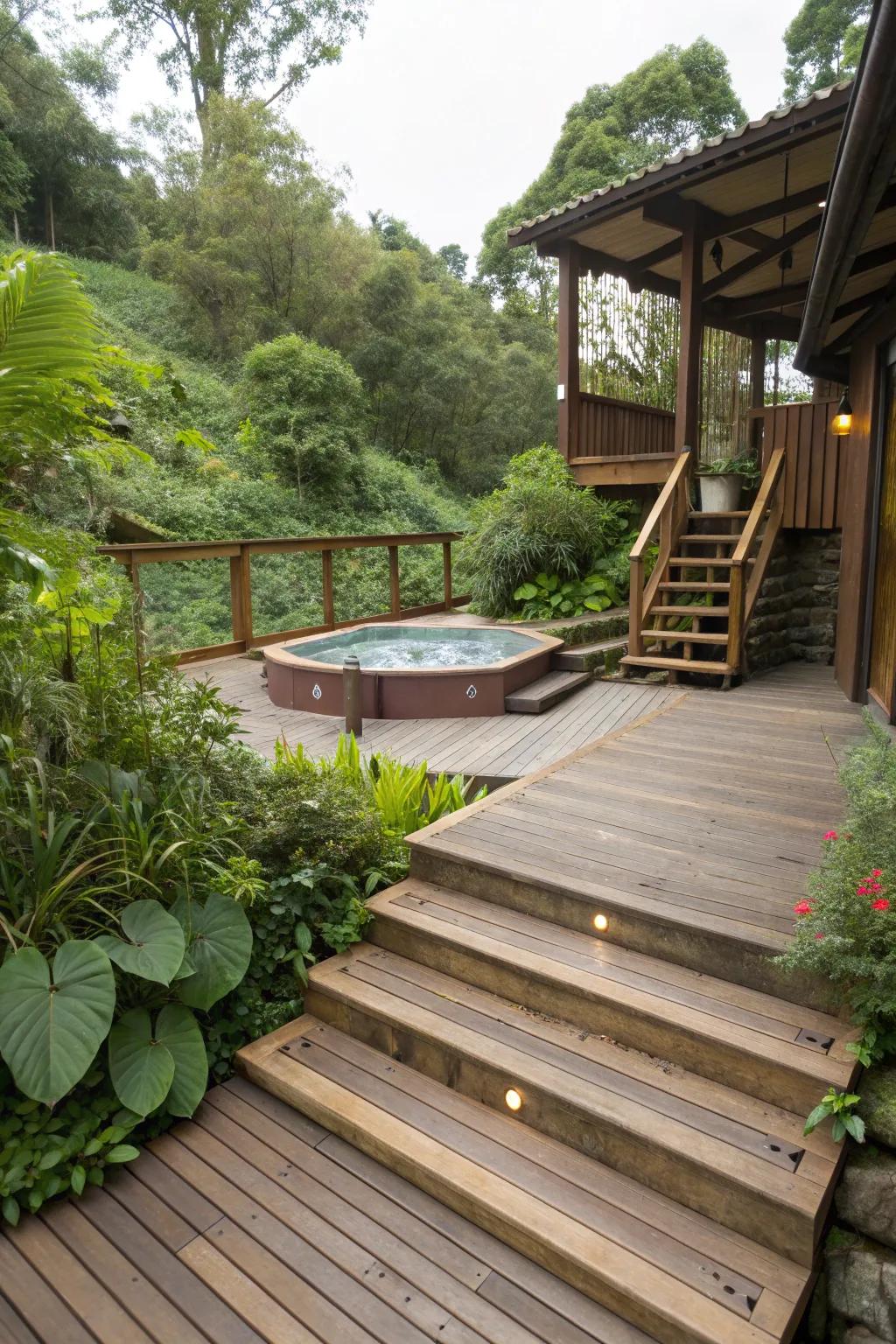 Wooden decking offers a charming path to your spa.