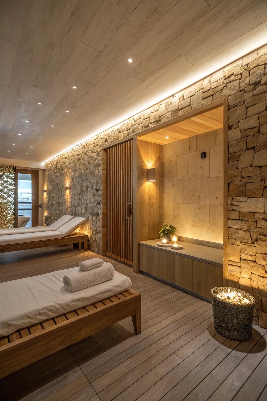 Natural materials paired with lighting add an organic feel.