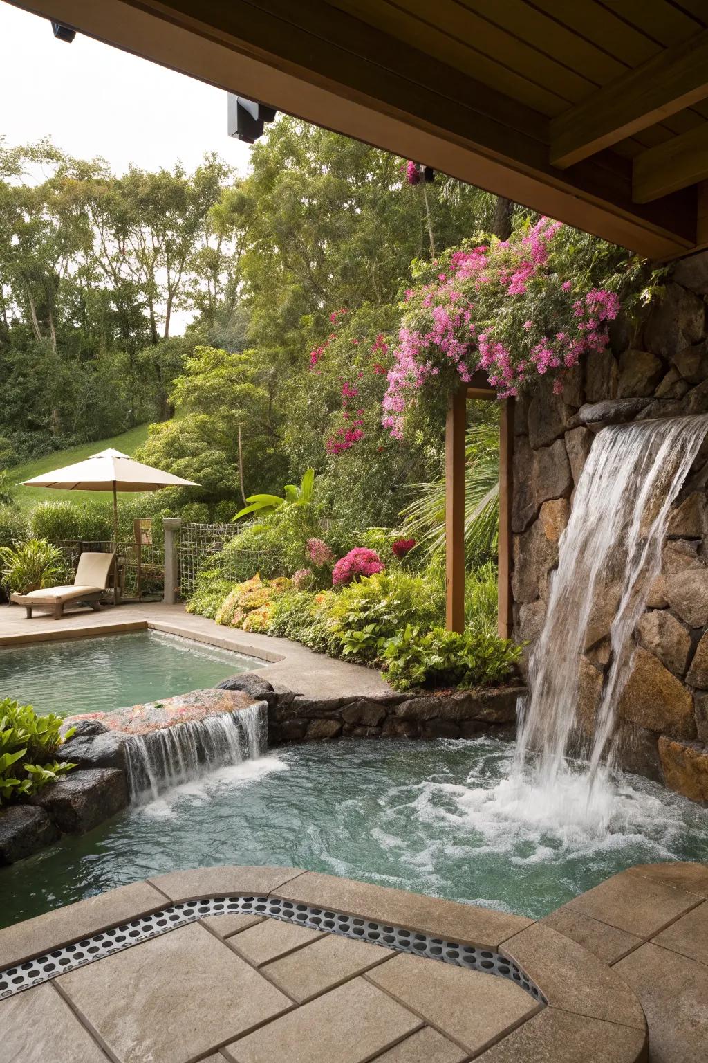 A cascading waterfall spillover creates a serene ambiance in your backyard.
