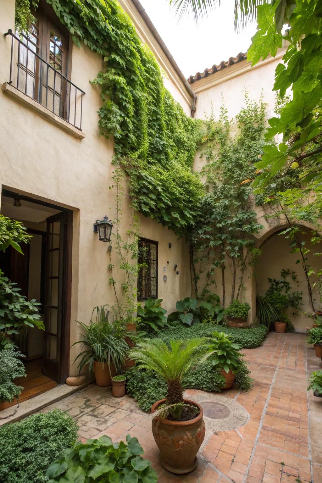 Lush greenery transforms a courtyard into a Mediterranean escape.