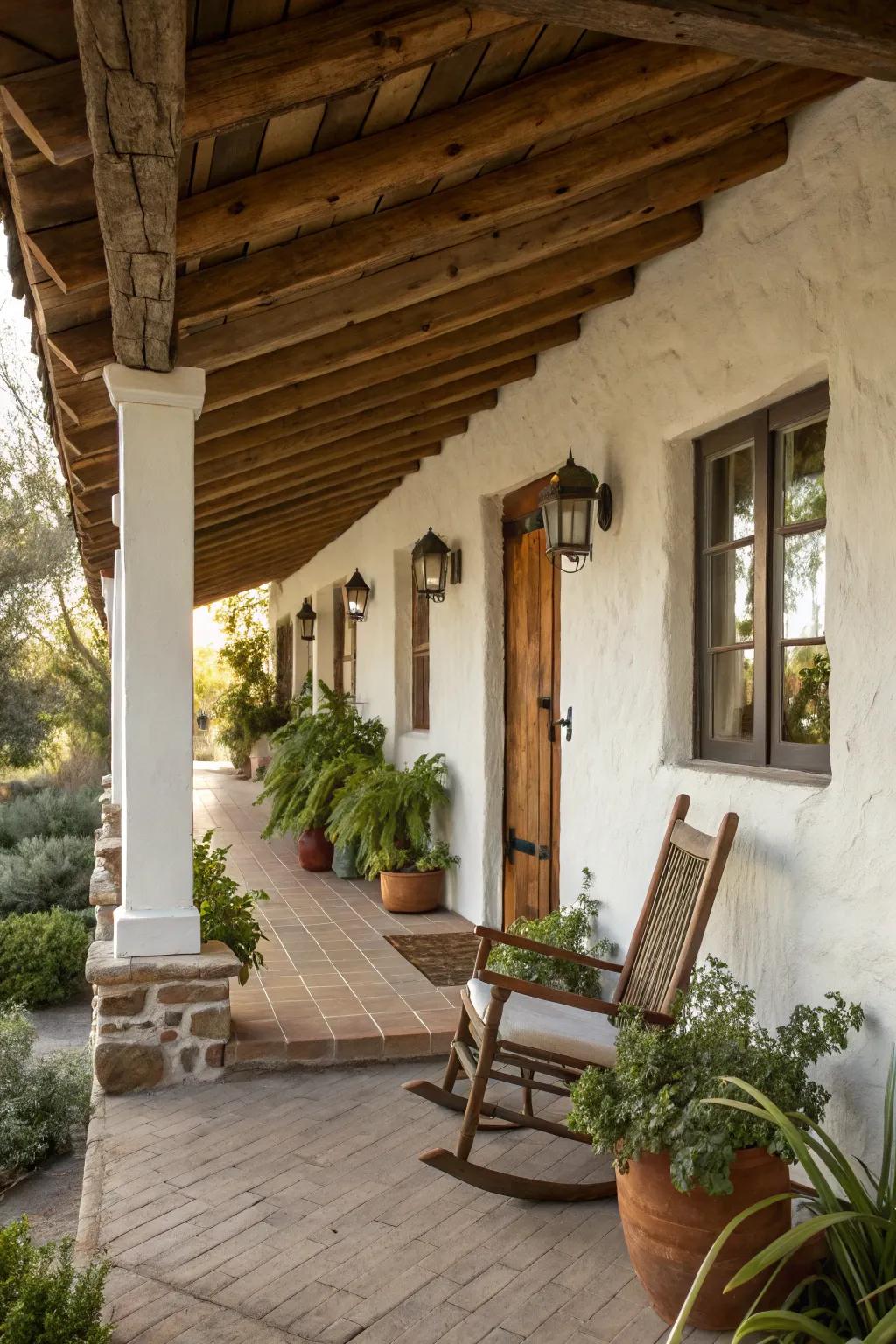 Rustic wooden beams add timeless appeal to this Spanish-style porch.