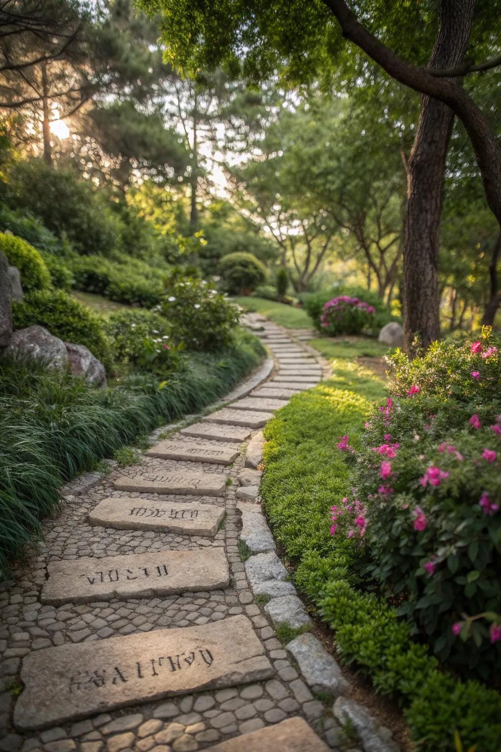 A reflective pathway lined with inspirational stones.
