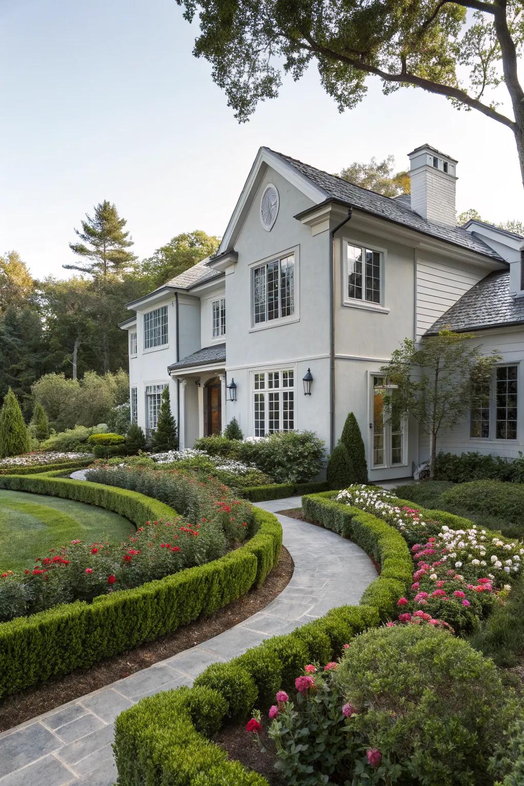 A soft gray palette gives this split-level home a sleek, modern look.