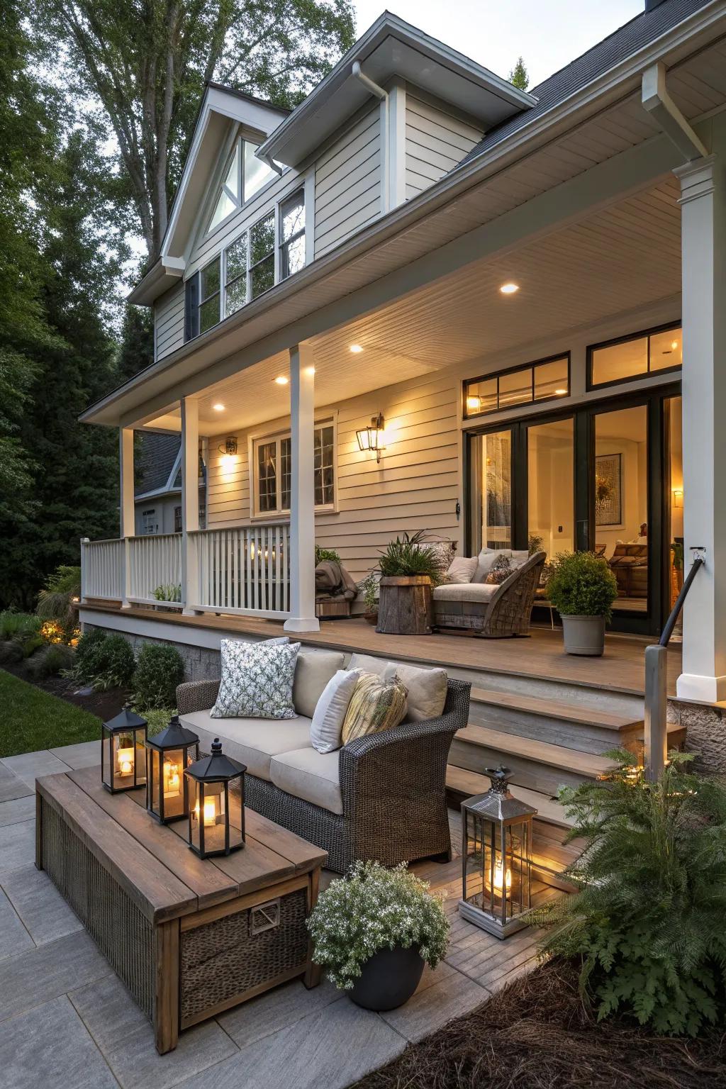 A welcoming seating nook on the porch offers a perfect spot for relaxation.
