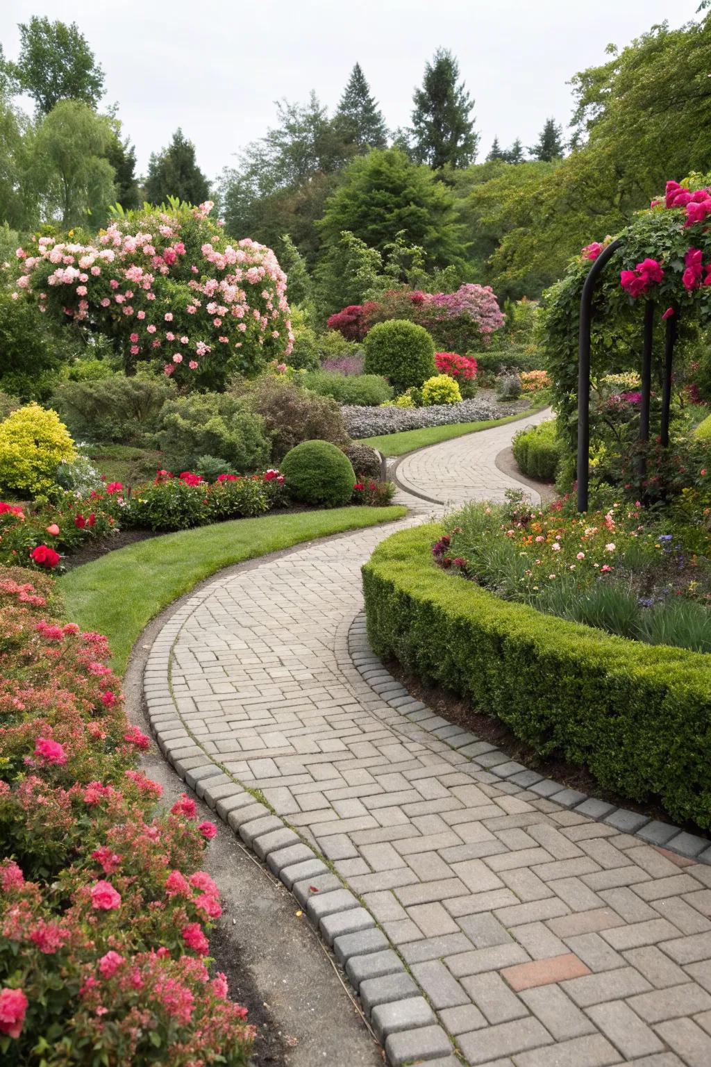 A charming stone pathway winds through a lush garden, enhancing the split-level design.