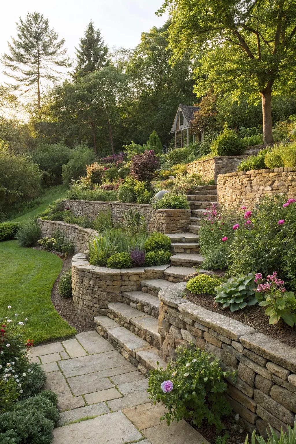 Stone retaining walls adding structure and style.