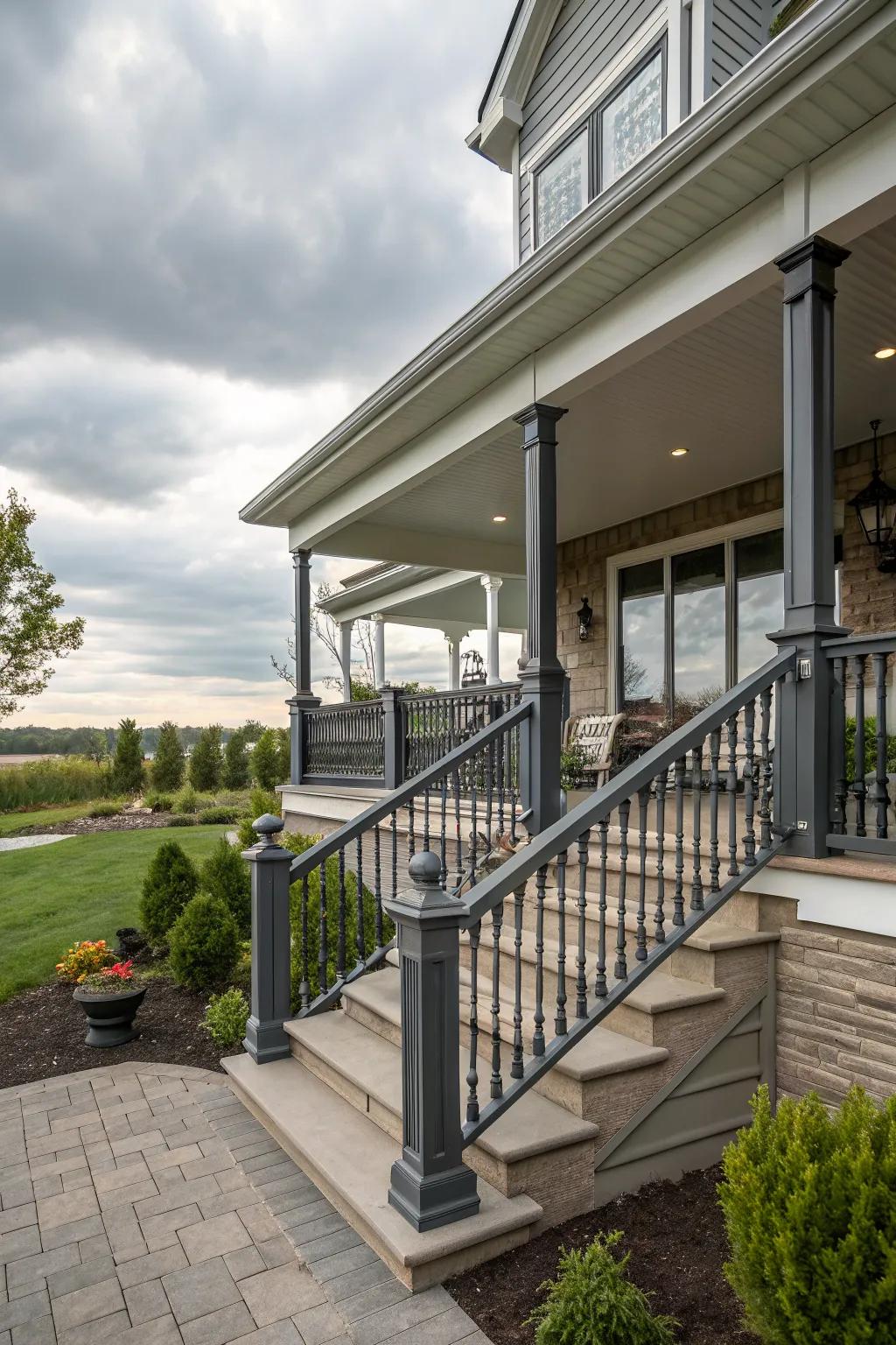 The perfect blend of modern and traditional aesthetics creates a captivating porch.