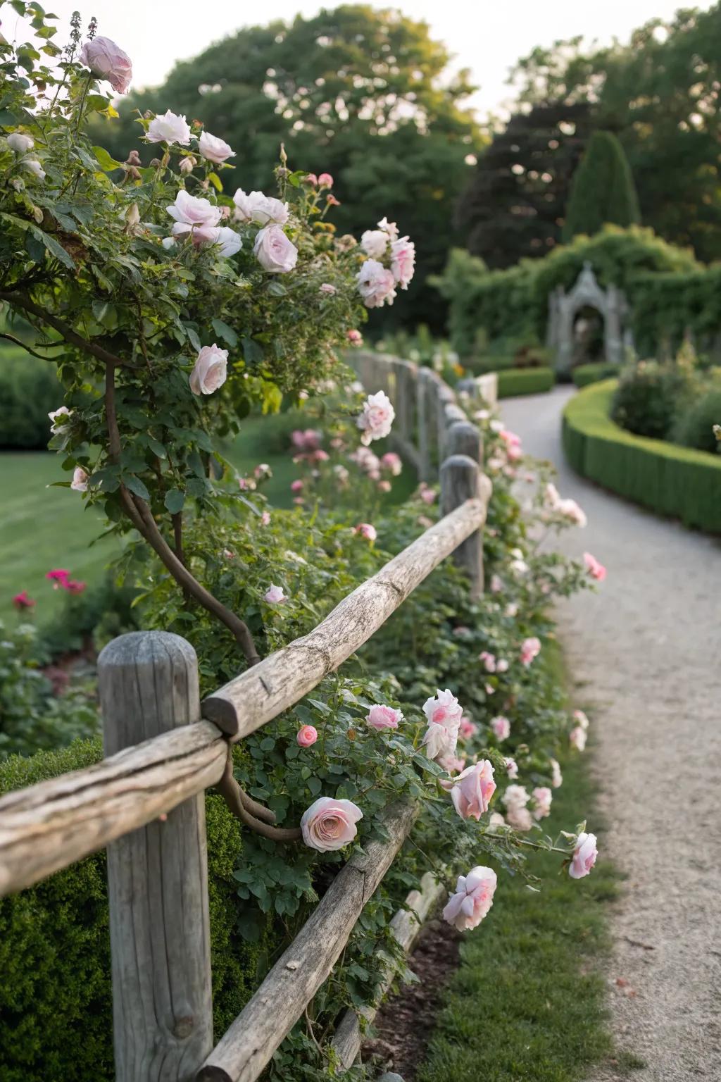 Climbing roses gracefully enhance this split rail fence, adding a touch of romance to the garden.