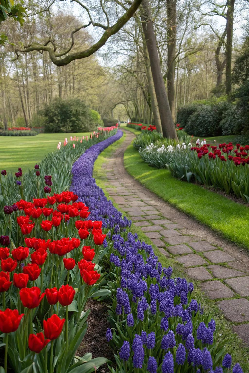 Pathway bordered with vibrant tulips and hyacinths.