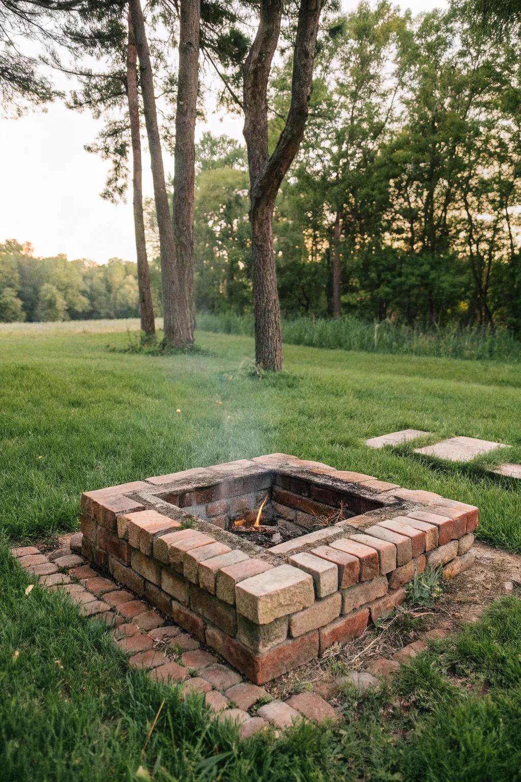 Rustic charm meets sustainability with a salvaged brick fire pit.