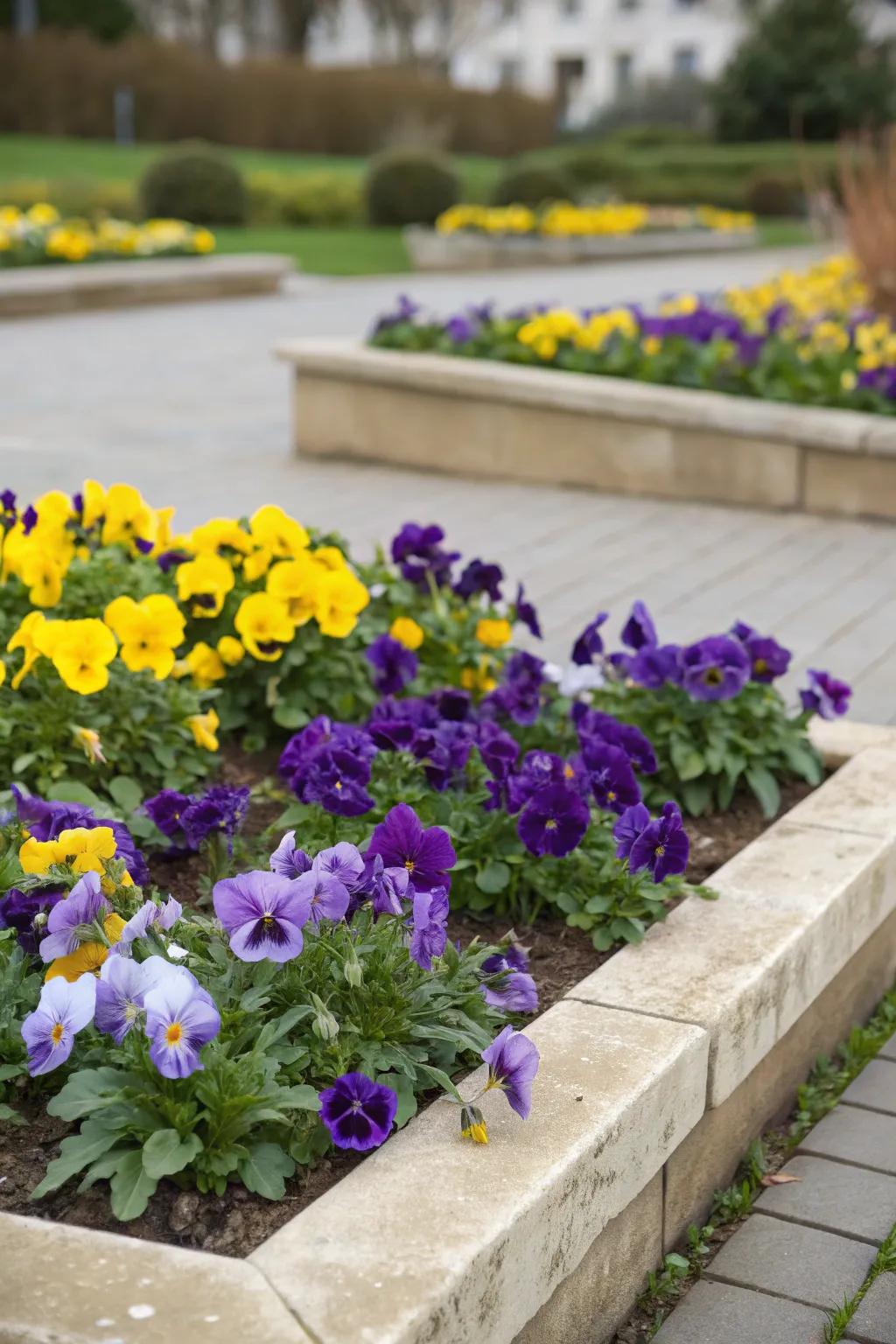 A captivating square flower bed, harmoniously blending purple and yellow flowers.