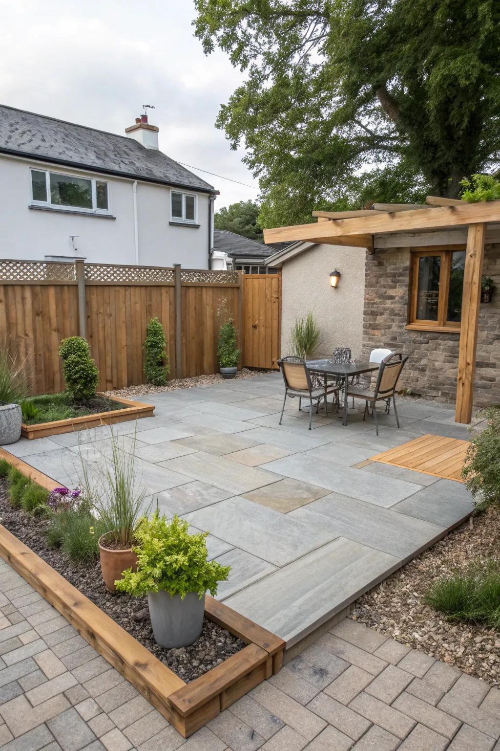 Mix materials for a textured, inviting square patio.