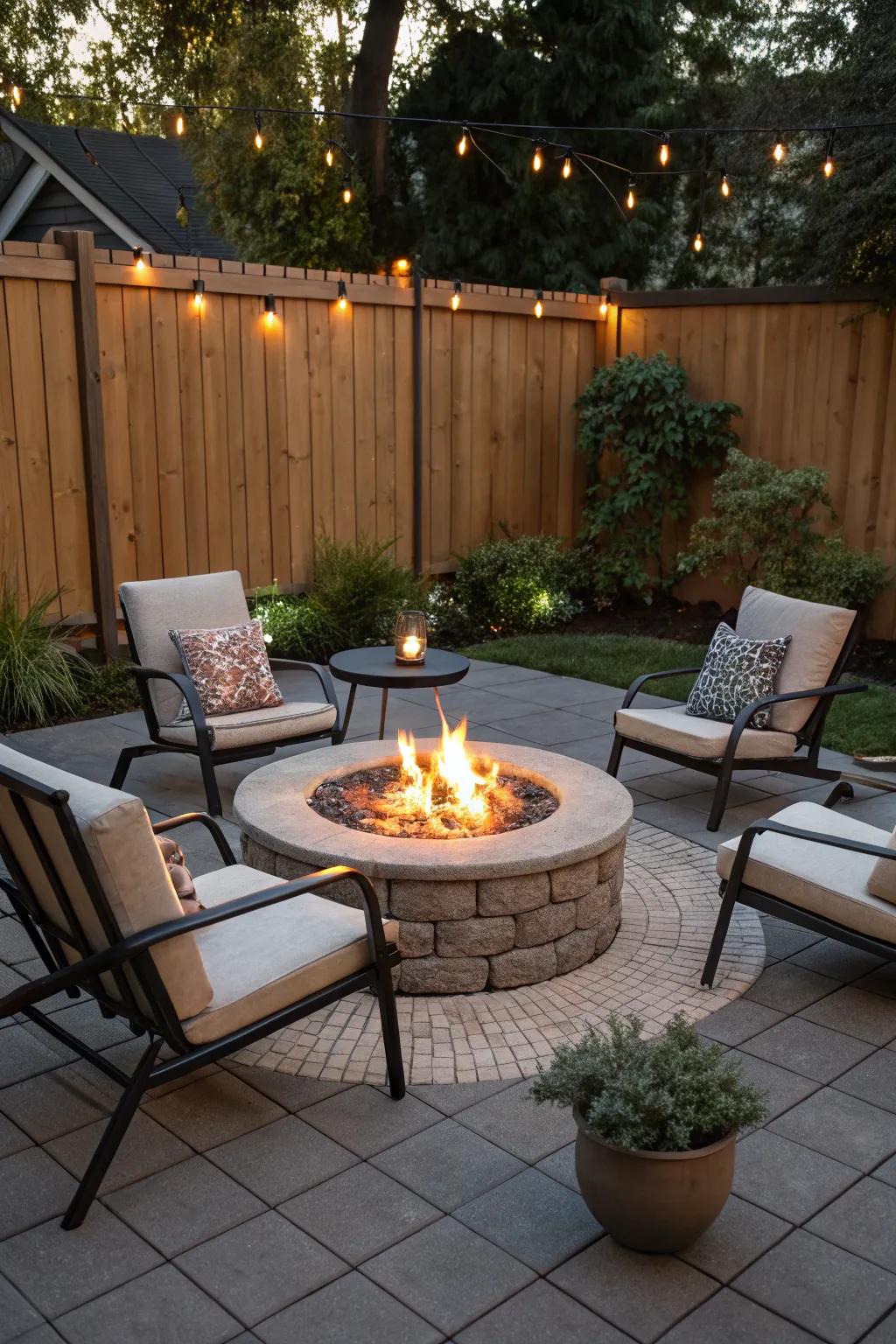 A fire pit brings warmth and ambiance to your square patio.
