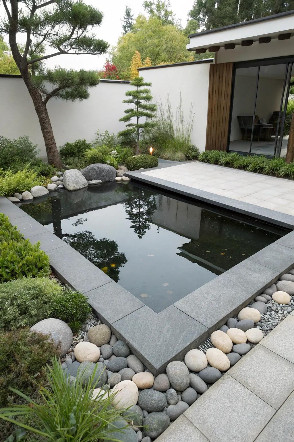A modern square pond with sleek stone edges, perfect for minimalist garden settings.