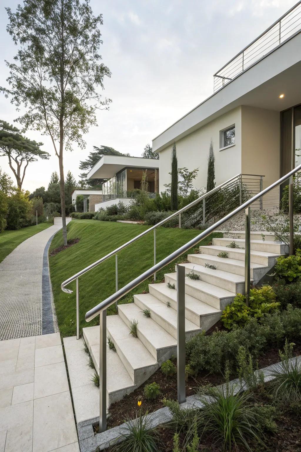Modern metal railings offer a sleek and stylish touch to outdoor stairs.
