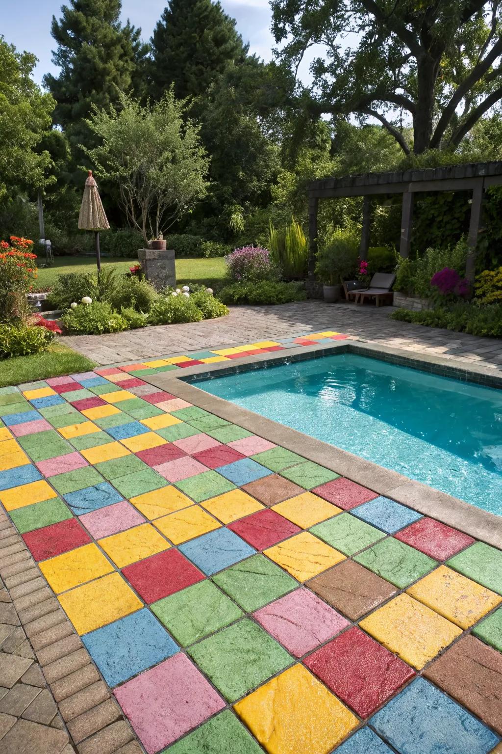 A colorful stamped concrete pool deck that stands out.